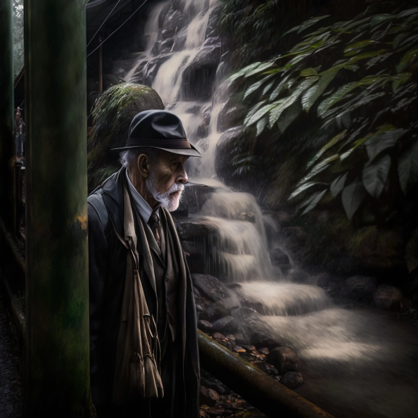 Old Man by a Waterfall in the style of Richard Tallant